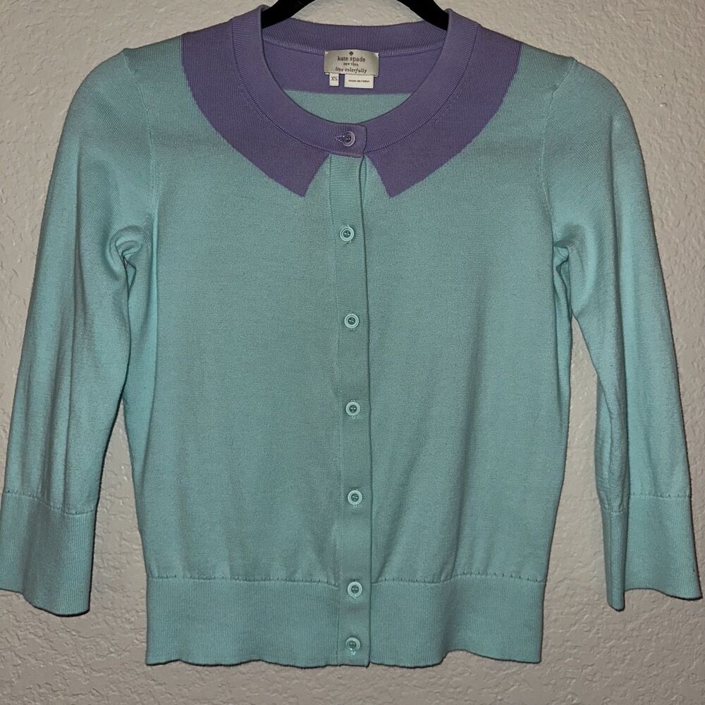 Kate Spade New York Cardigan XS Mint Green Purple Collar Button Front Womens